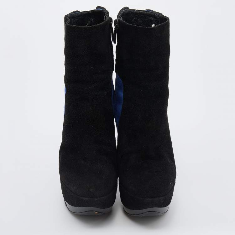 Pre Owned Casadei Black/Blue Suede And Satin Platform Ankle Boots Size 38