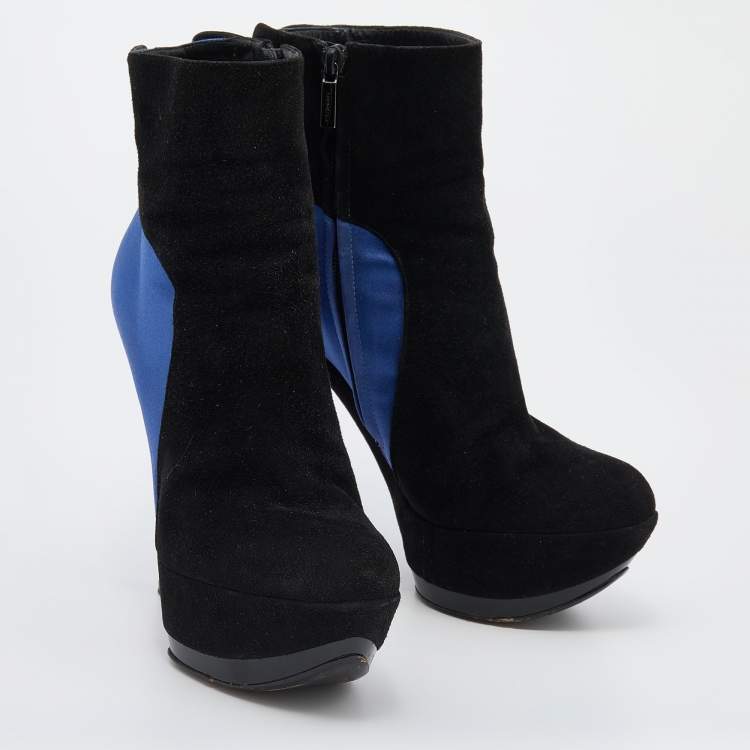 Pre Owned Casadei Black/Blue Suede And Satin Platform Ankle Boots Size 38