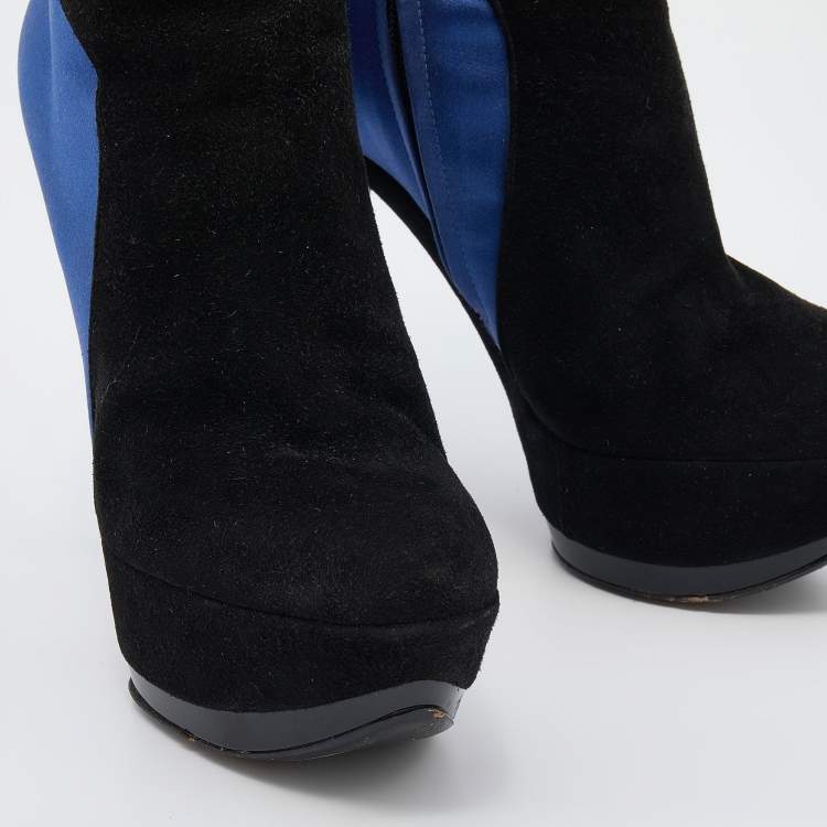 Pre Owned Casadei Black/Blue Suede And Satin Platform Ankle Boots Size 38