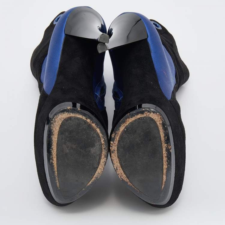 Pre Owned Casadei Black/Blue Suede And Satin Platform Ankle Boots Size 38
