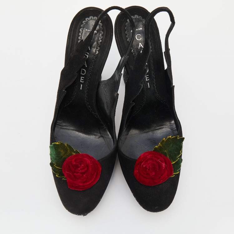 Pre Owned Casadei Black Suede Rose Platform Slingback Sandals Size 38