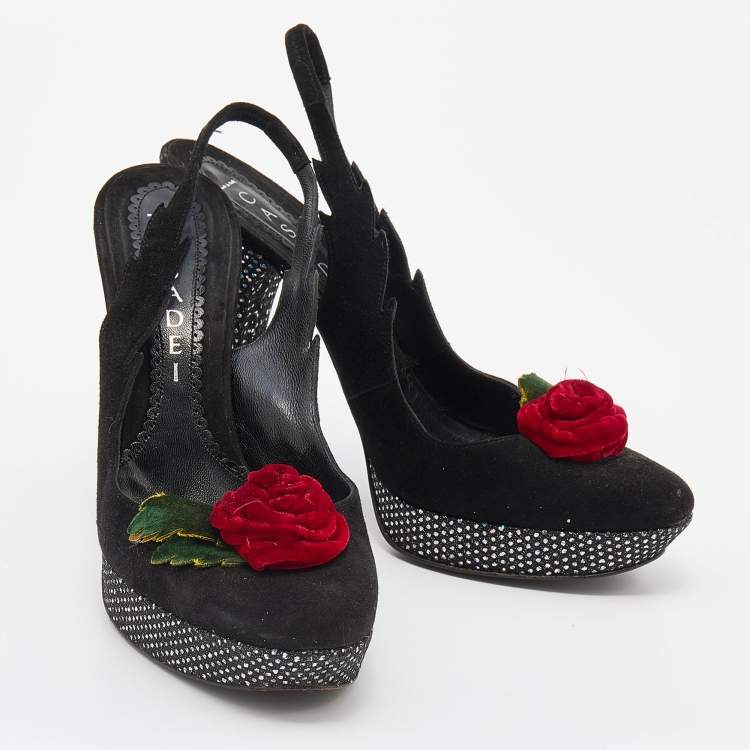 Pre Owned Casadei Black Suede Rose Platform Slingback Sandals Size 38