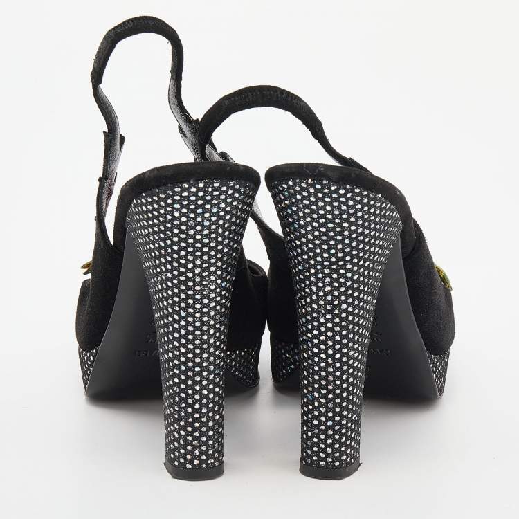 Pre Owned Casadei Black Suede Rose Platform Slingback Sandals Size 38