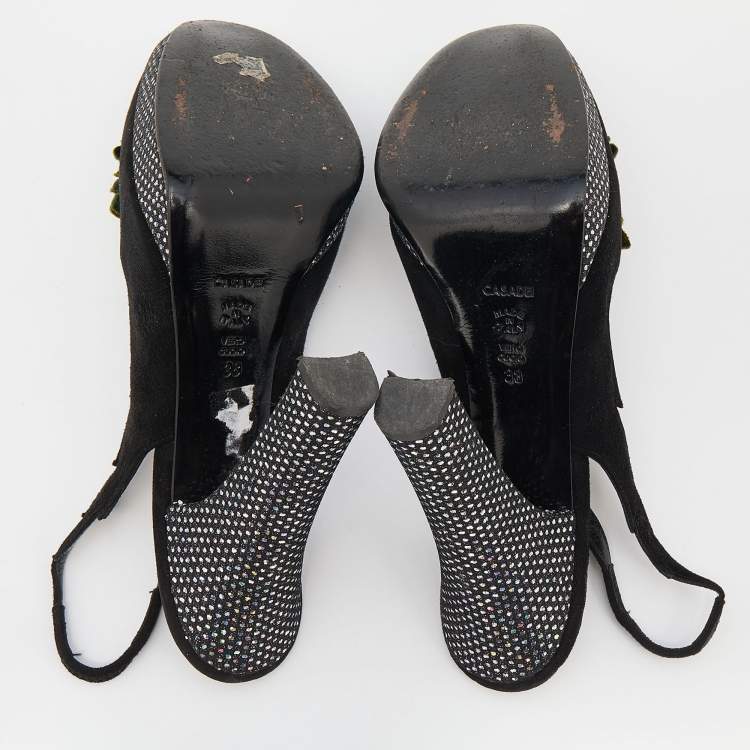 Pre Owned Casadei Black Suede Rose Platform Slingback Sandals Size 38