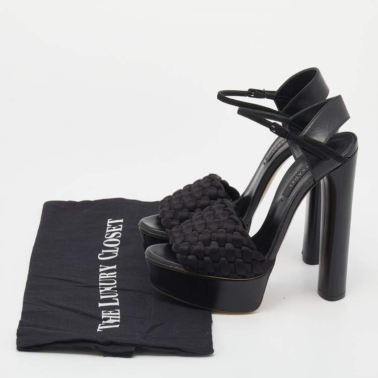 مملوكة مسبقًا Casadei Black Woven Satin and Leather Platform Ankle Strap Sandals Size 36