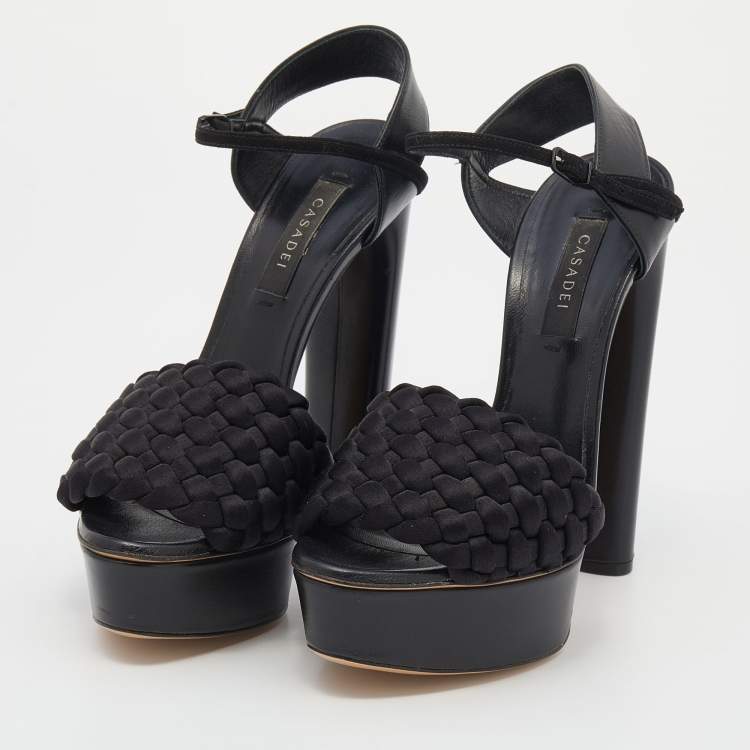 مملوكة مسبقًا Casadei Black Woven Satin and Leather Platform Ankle Strap Sandals Size 36