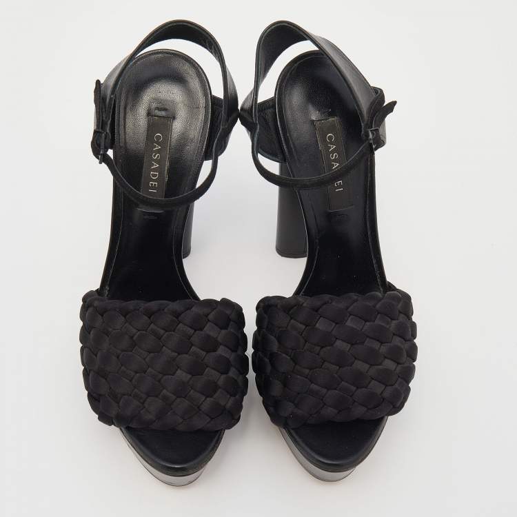 مملوكة مسبقًا Casadei Black Woven Satin and Leather Platform Ankle Strap Sandals Size 36