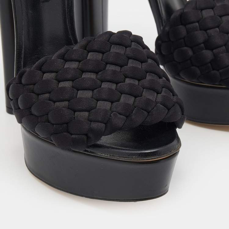 مملوكة مسبقًا Casadei Black Woven Satin and Leather Platform Ankle Strap Sandals Size 36