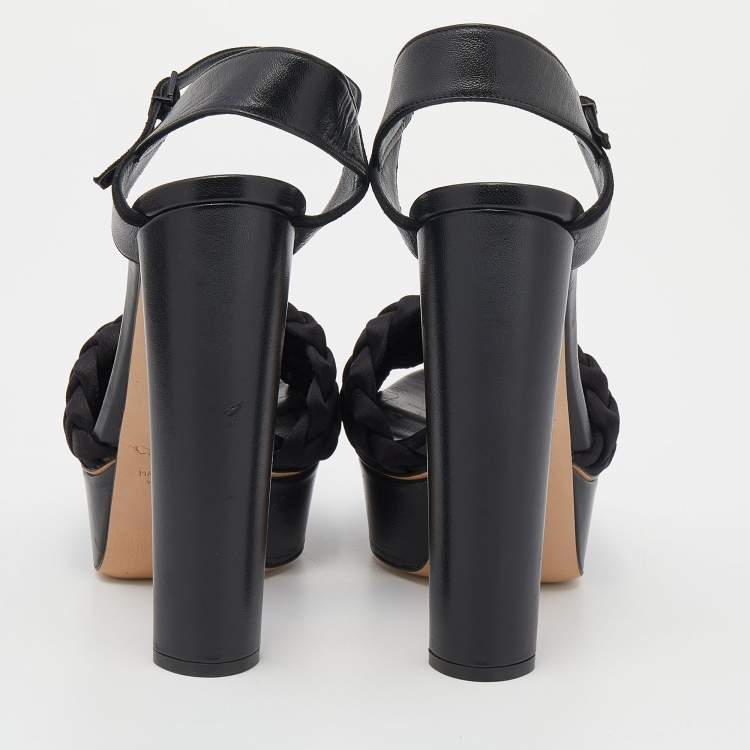 مملوكة مسبقًا Casadei Black Woven Satin and Leather Platform Ankle Strap Sandals Size 36