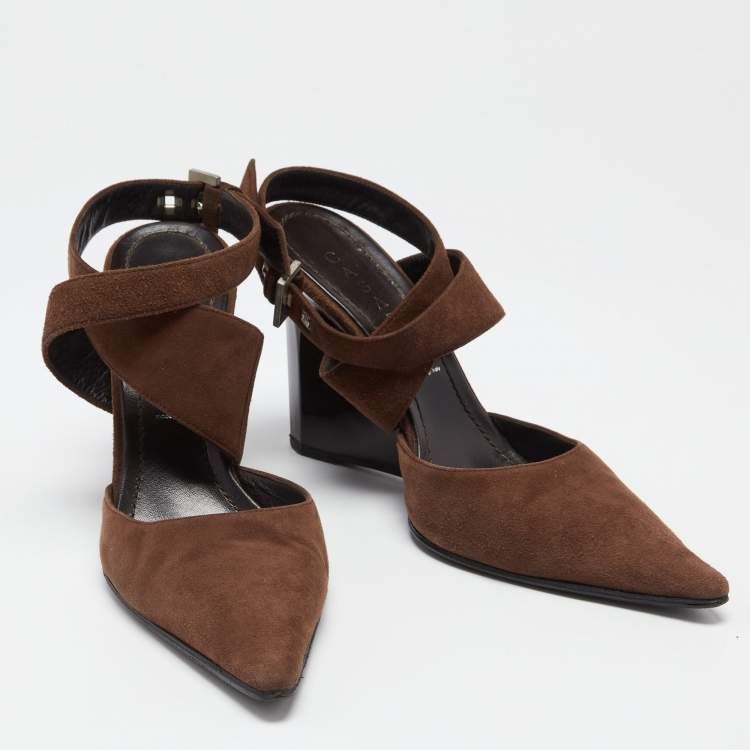Pre Owned Casadei Brown Suede Ankle Strap Wedge Sandals Size 38