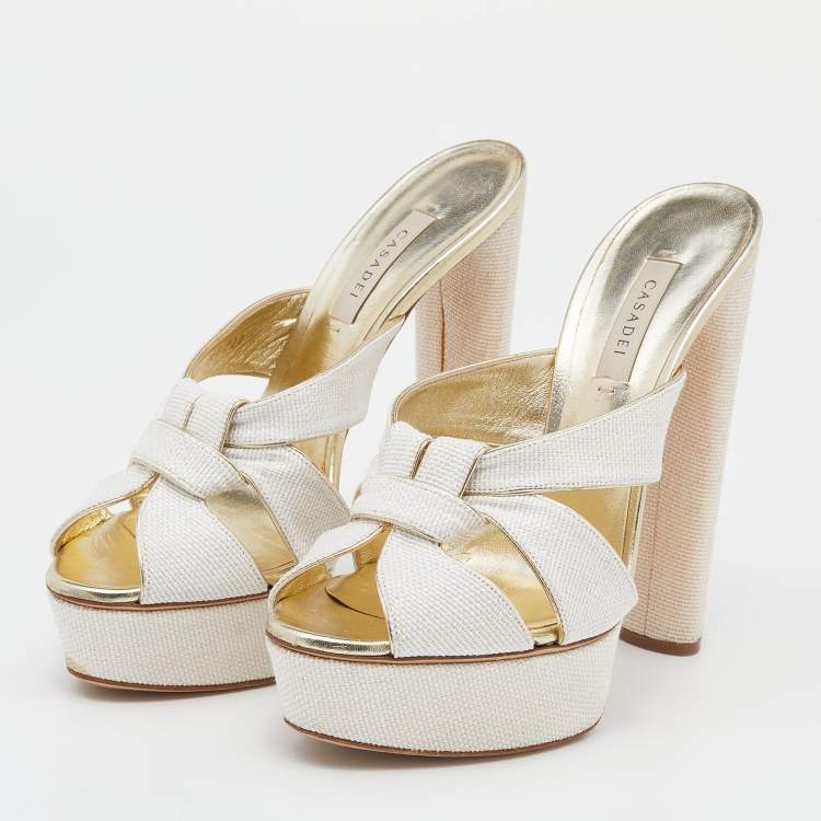 Pre Owned Casadei White/Gold Woven Straw and Leather Platform Sandals Size 39