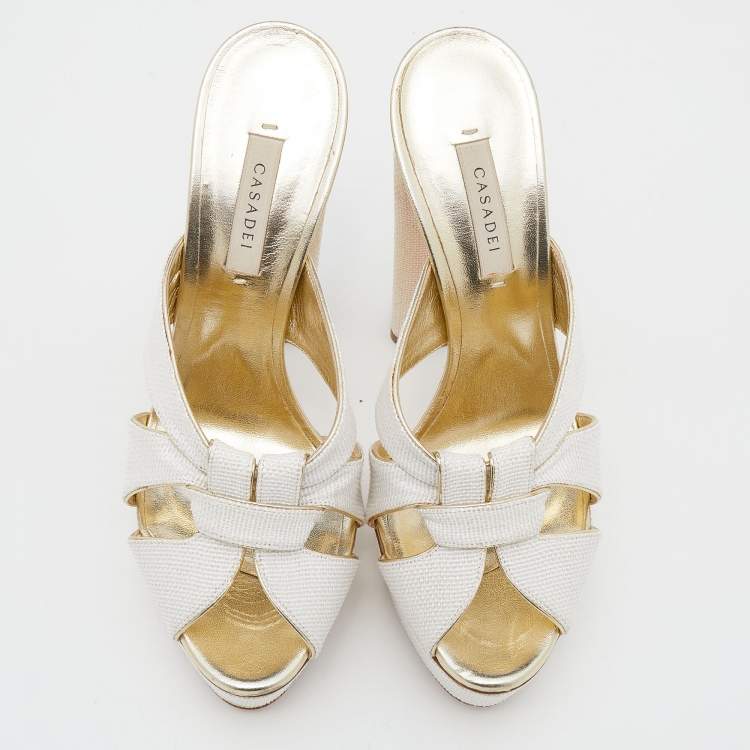 Pre Owned Casadei White/Gold Woven Straw and Leather Platform Sandals Size 39