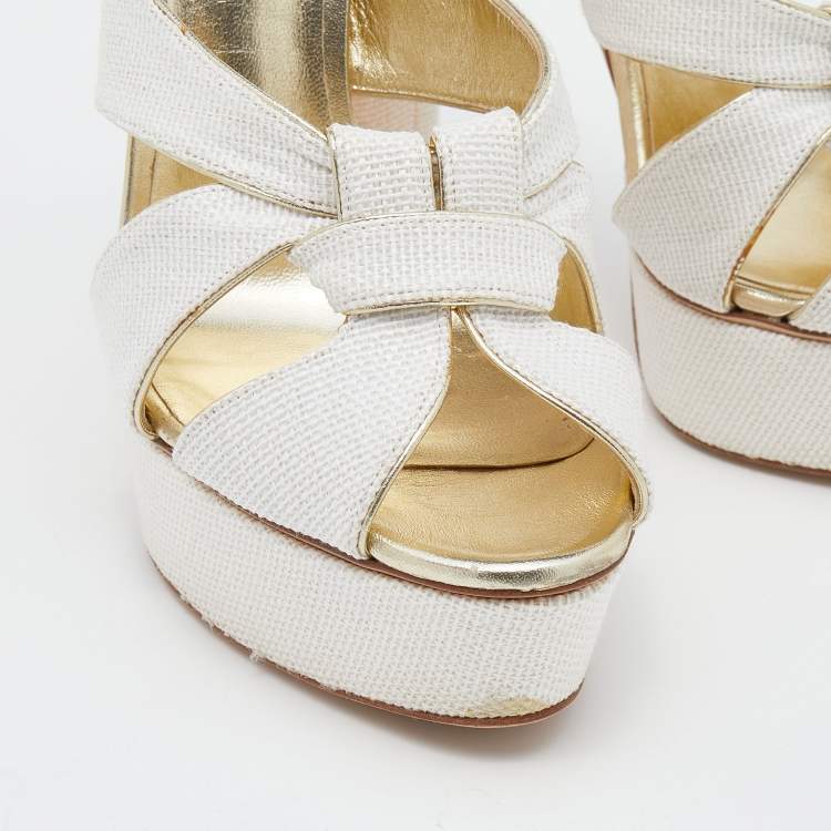 Pre Owned Casadei White/Gold Woven Straw and Leather Platform Sandals Size 39