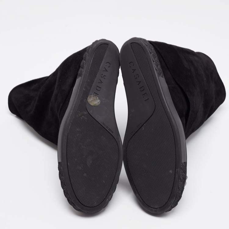 مملوكة مسبقًا Casadei Black Suede Embellished Metal Cap Toe Fold-Over Wedge Boots Size 40