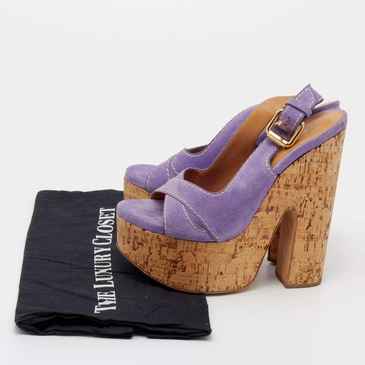 Pre Owned Casadei Purple Suede Cork Wedge Sandals Size 37