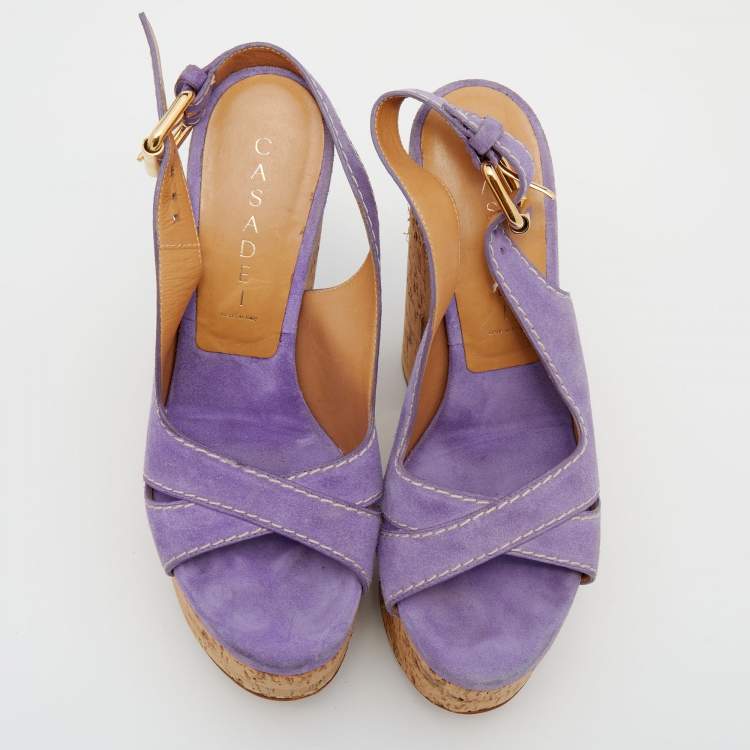 Pre Owned Casadei Purple Suede Cork Wedge Sandals Size 37