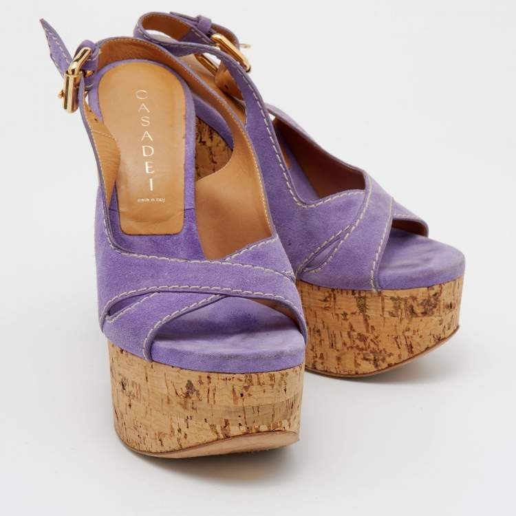 Pre Owned Casadei Purple Suede Cork Wedge Sandals Size 37