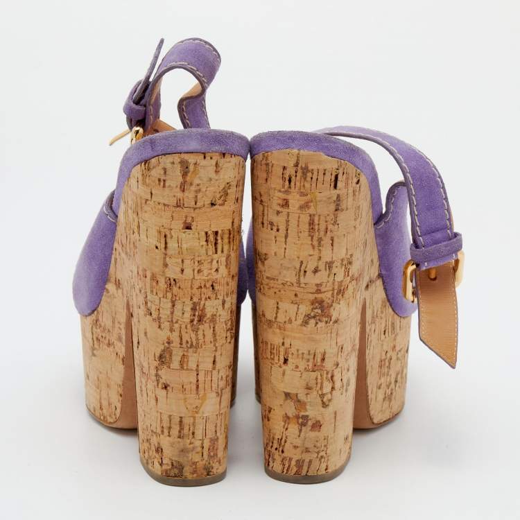 Pre Owned Casadei Purple Suede Cork Wedge Sandals Size 37