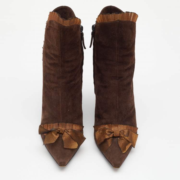 Pre Owned Casadei Brown Suede Bow Detail Ankle Length Boots Size 37