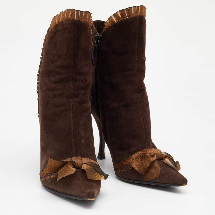 Pre Owned Casadei Brown Suede Bow Detail Ankle Length Boots Size 37