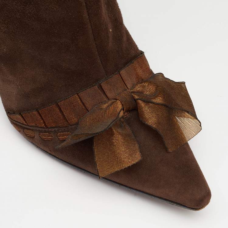 Pre Owned Casadei Brown Suede Bow Detail Ankle Length Boots Size 37