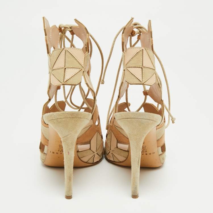 Pre Owned Casadei Tri-Color Suede and Leather Laser Cut Ankle-Tie Open Toe Sandals Size 37.5