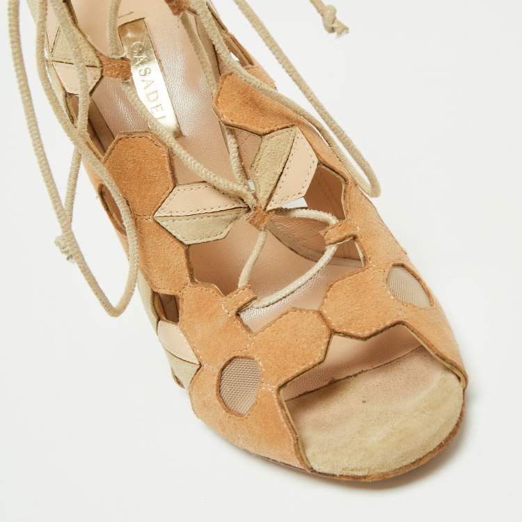 Pre Owned Casadei Tri-Color Suede and Leather Laser Cut Ankle-Tie Open Toe Sandals Size 37.5