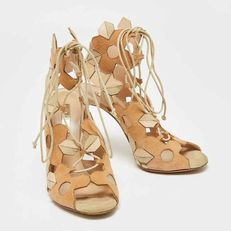 Pre Owned Casadei Tri-Color Suede and Leather Laser Cut Ankle-Tie Open Toe Sandals Size 37.5