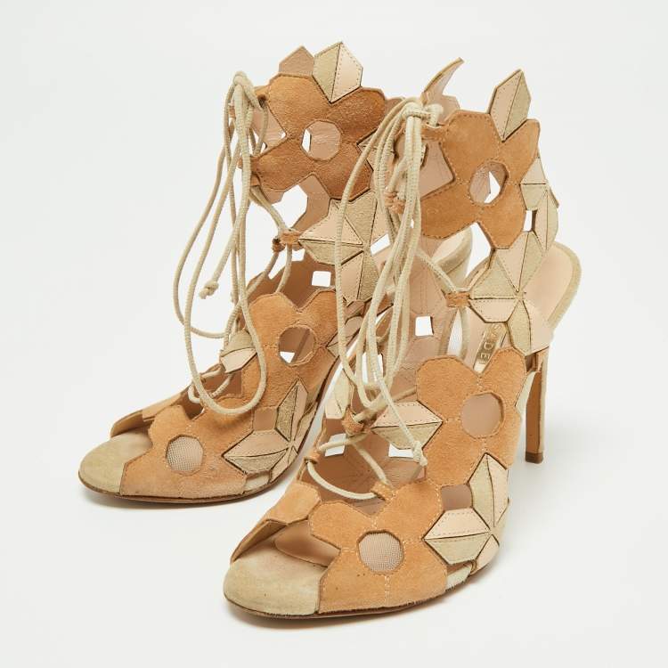 Pre Owned Casadei Tri-Color Suede and Leather Laser Cut Ankle-Tie Open Toe Sandals Size 37.5