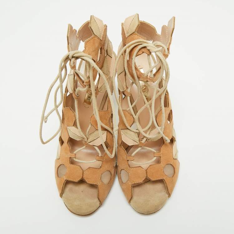 Pre Owned Casadei Tri-Color Suede and Leather Laser Cut Ankle-Tie Open Toe Sandals Size 37.5