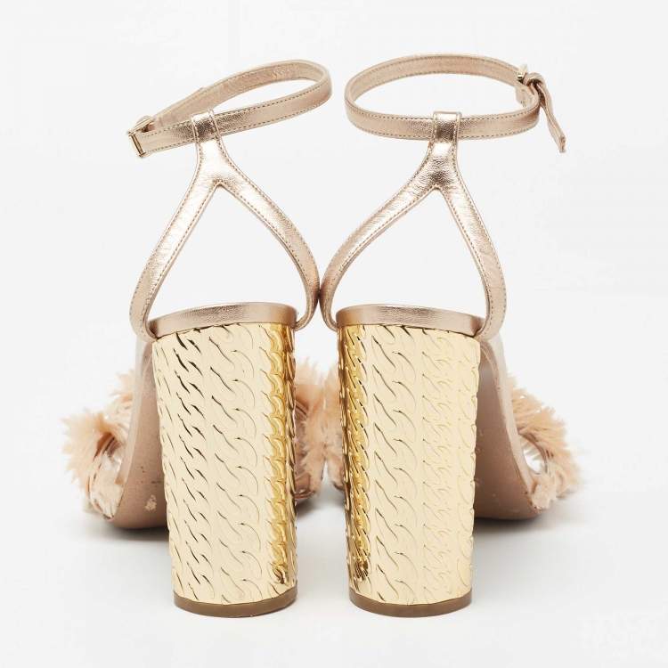 Pre Owned Casadei Rose Gold Leather Chain Detail Ankle Strap Sandals Size 38