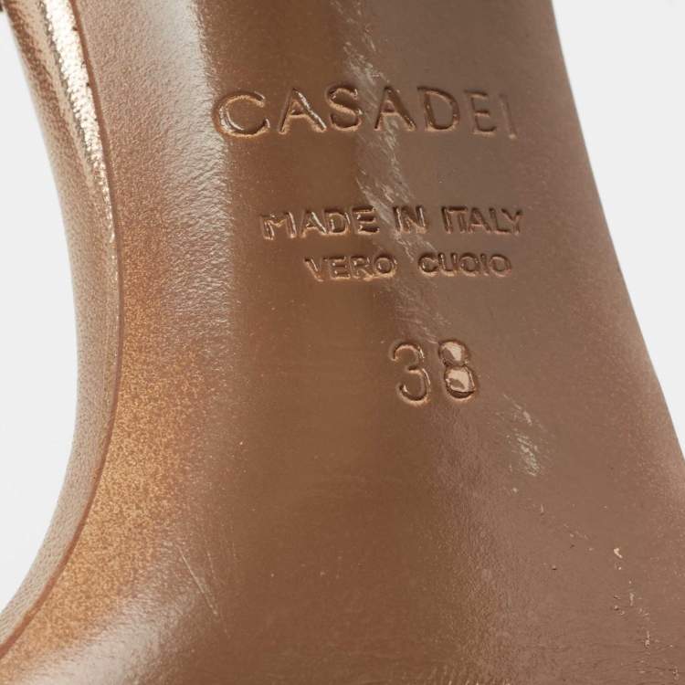 Pre Owned Casadei Rose Gold Leather Chain Detail Ankle Strap Sandals Size 38