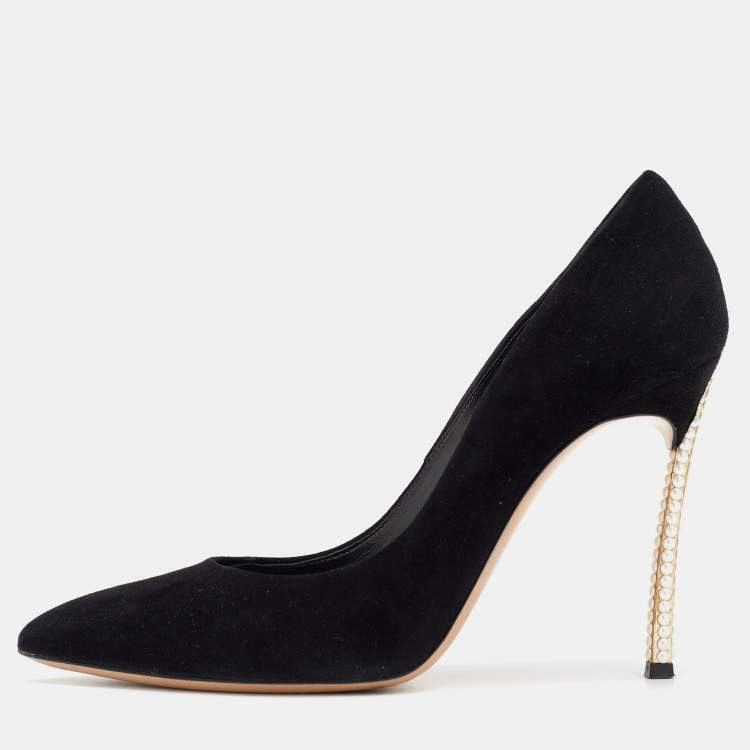 Pre Owned Casadei Black Suede Pearl Embellished Heel Pointed Toe Pumps Size 38