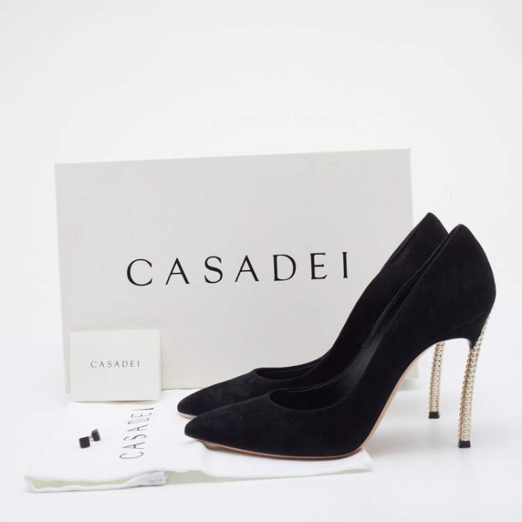 Pre Owned Casadei Black Suede Pearl Embellished Heel Pointed Toe Pumps Size 38