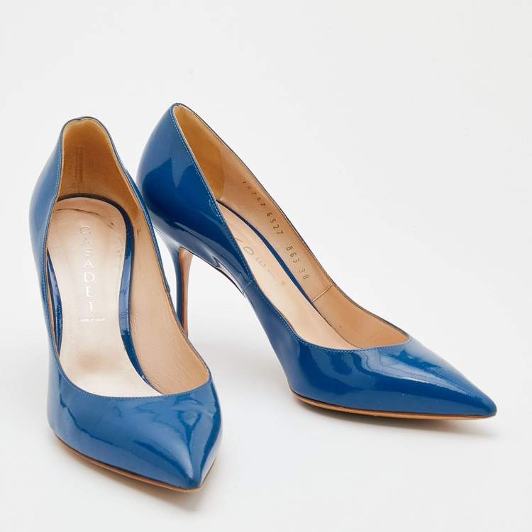 Pre Owned Casadei Blue Patent Leather Pointed Toe Pumps Size 38