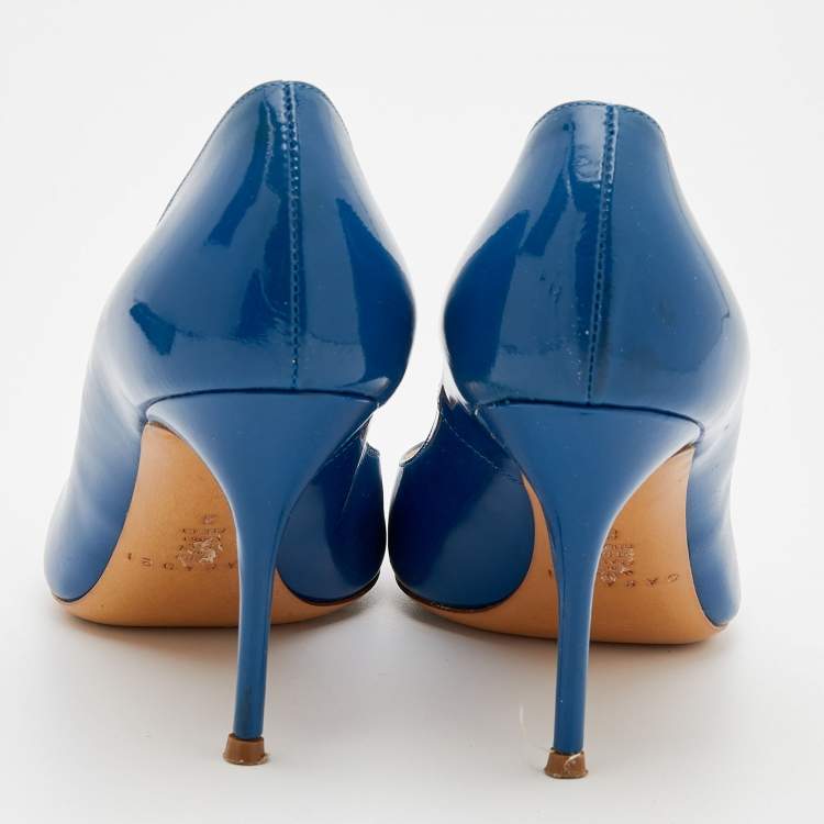 Pre Owned Casadei Blue Patent Leather Pointed Toe Pumps Size 38