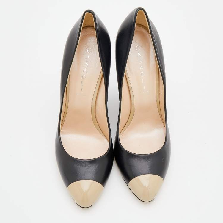 مملوكة مسبقًا Casadei Black/Beige Leather And Patent Leather Cap Toe Wedge Pumps Size 41