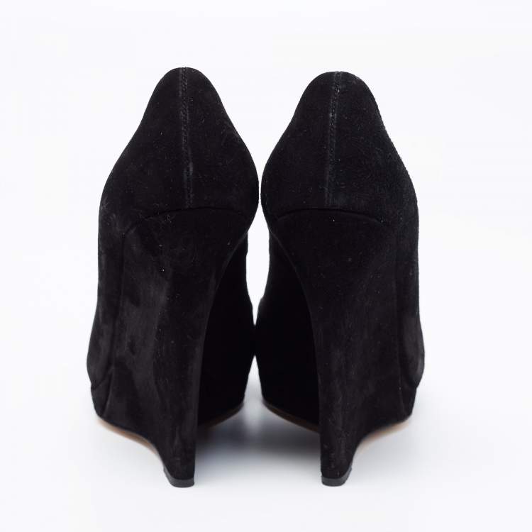 Pre Owned Casadei Black Suede Platform Wedge Pumps Size 36.5