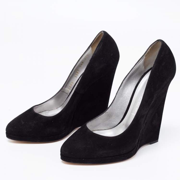 Pre Owned Casadei Black Suede Platform Wedge Pumps Size 36.5