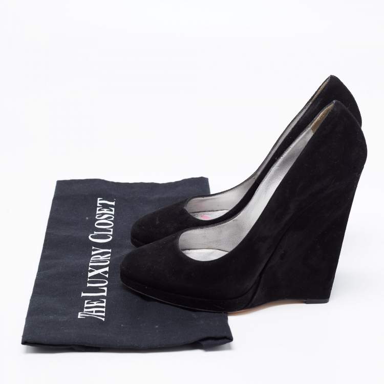 Pre Owned Casadei Black Suede Platform Wedge Pumps Size 36.5