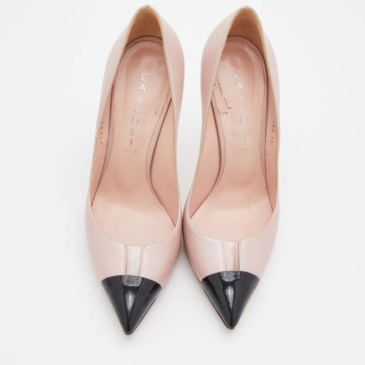Pre Owned Casadei Light Pink/Black Leather Pointed Toe Pumps Size 38
