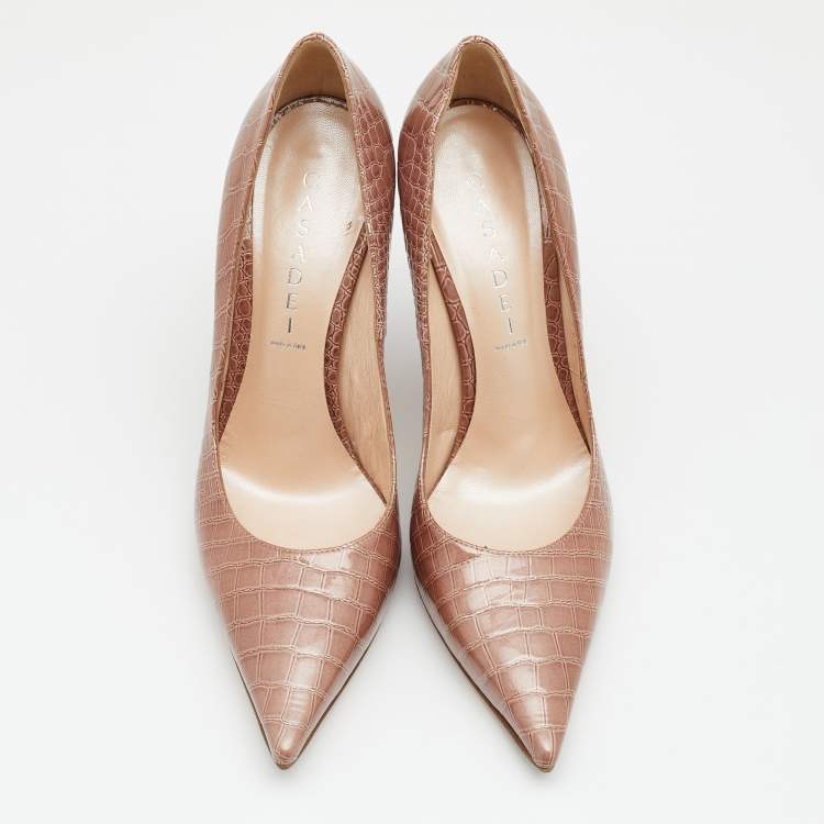 Pre Owned Casadei Light Brown Croc Embossed Patent Leather Pointed Toe Pumps Size 38.5