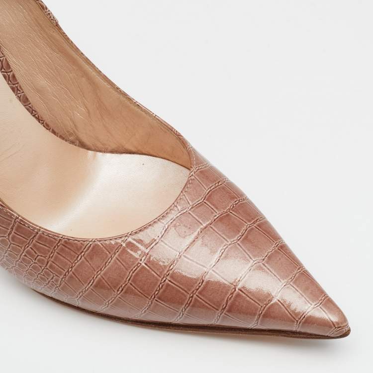 Pre Owned Casadei Light Brown Croc Embossed Patent Leather Pointed Toe Pumps Size 38.5