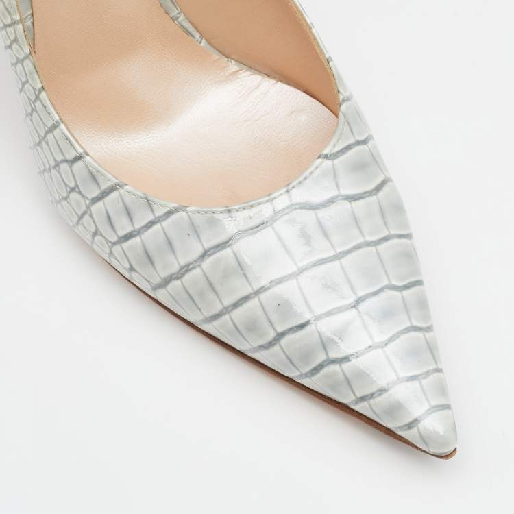 Pre Owned Casadei Grey Croc Embossed Patent Leather Pointed Toe Pumps Size 38.5