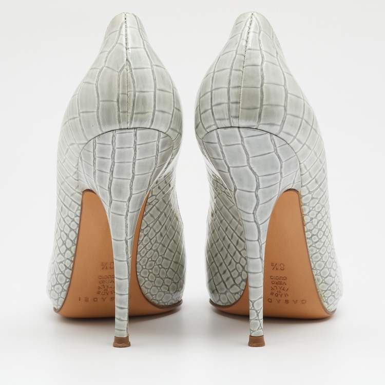 Pre Owned Casadei Grey Croc Embossed Patent Leather Pointed Toe Pumps Size 38.5