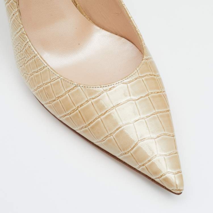 مملوكة مسبقًا Casadei Beige Croc Embossed Patent Leather Pointed Toe Pumps Size 38.5