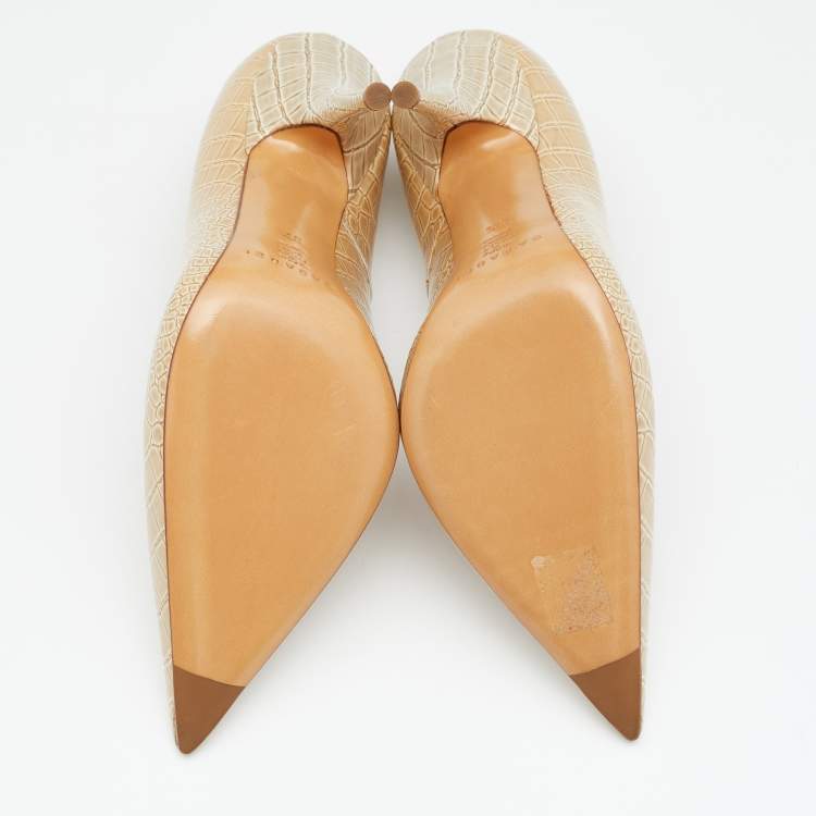 مملوكة مسبقًا Casadei Beige Croc Embossed Patent Leather Pointed Toe Pumps Size 38.5