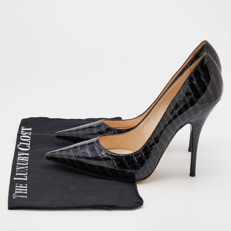 Pre Owned Casadei Black Croc Embossed Patent Leather Pointed Toe Pumps Size 38.5