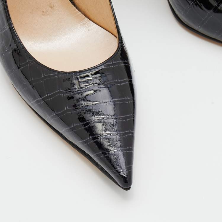 Pre Owned Casadei Black Croc Embossed Patent Leather Pointed Toe Pumps Size 38.5