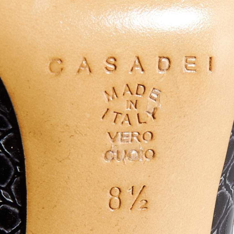 Pre Owned Casadei Black Croc Embossed Patent Leather Pointed Toe Pumps Size 38.5